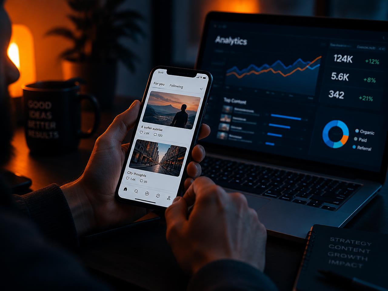 Marketeer bekijkt social media resultaten op telefoon en laptop